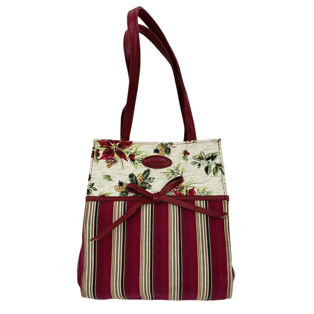 Longaberger Christmas Holiday Tote Bag Red Green Floral Striped Poinsettia Small